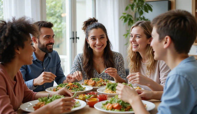 Diverse group of happy people enjoying healthy food together, symbolizing community and well-being.