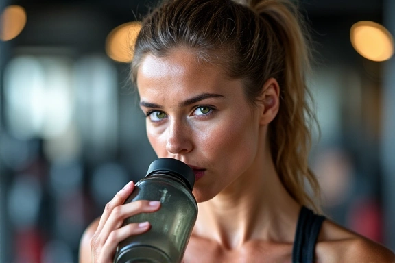 An athlete rehydrating with a sports drink after an intense workout, surrounded by sports equipment.